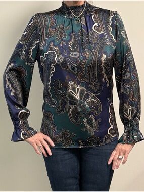 Ming Wang Navy and Teal Paisley Metallic-Accent Buttons Smocked-Neck Blouse